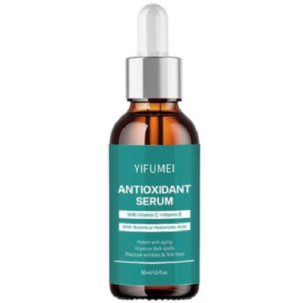 Bottle of antioxidant serum with natural ingredients for skin rejuvenation and protection.