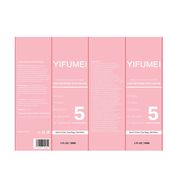 Age Defense Eye Cream 5 in 1 with collagen, peptides, hyaluronic acid, and Vitamin C for dark circles, puffiness, and fine lines.